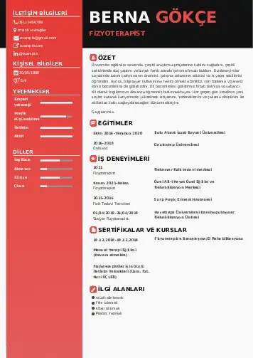 Fizyoterapist Cv Örnekleri cv indir